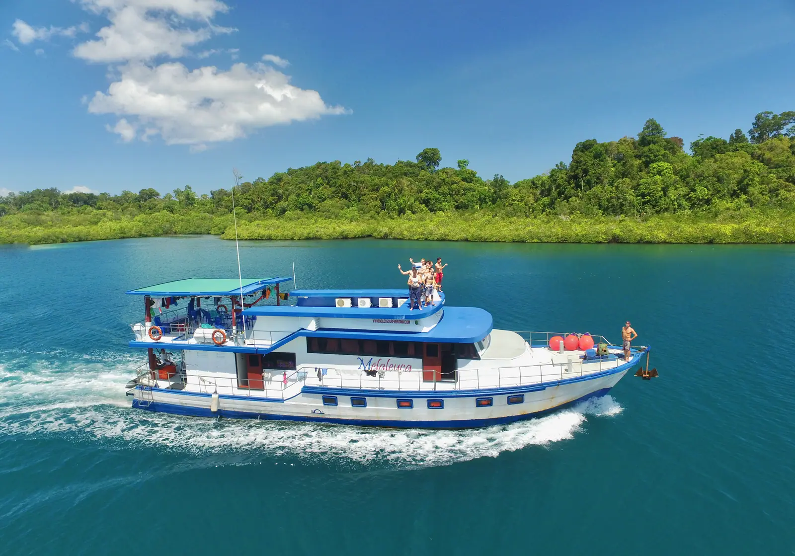 Melaleuca under way past a jungle shoreline in the Mentawai islands